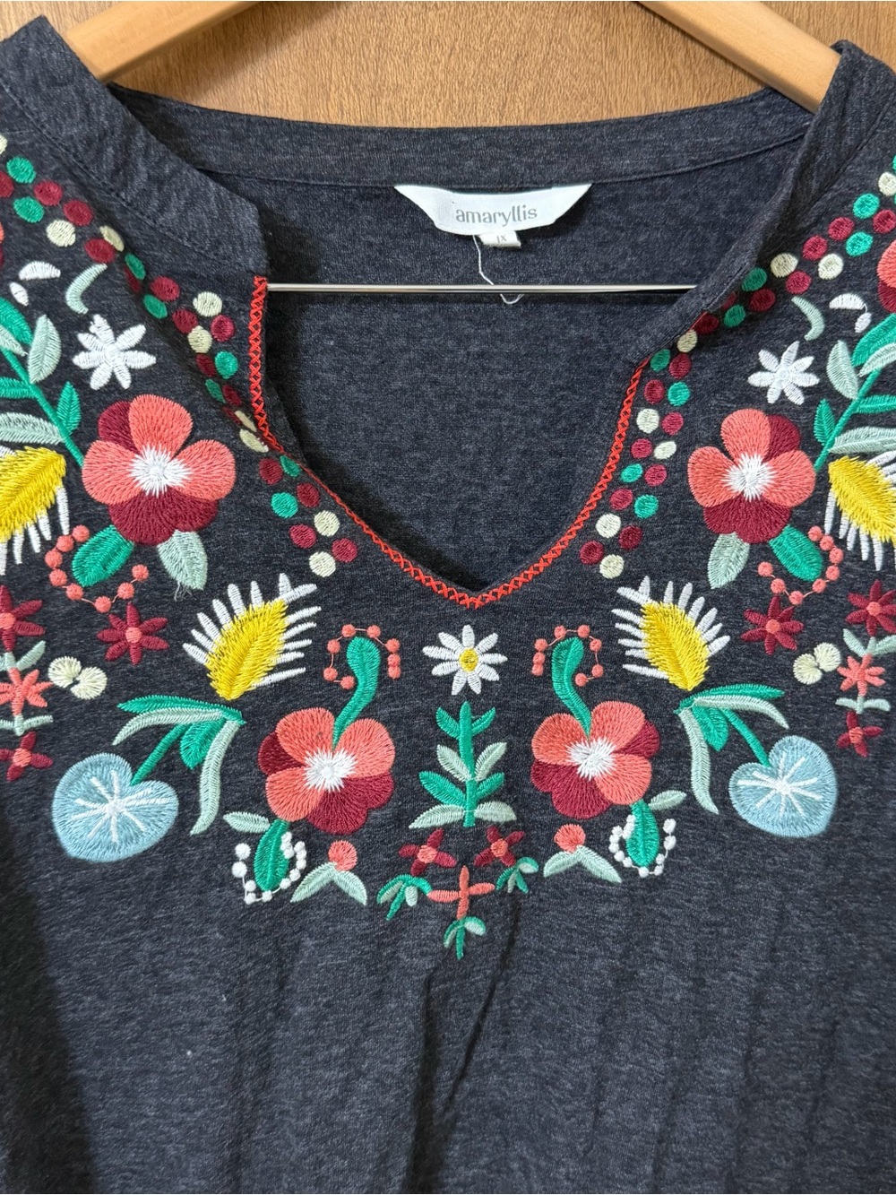 Amaryllis 1X Dark Gray Long Sleeve Top with Multicolor Floral Embroidery - Picture 2 of 8